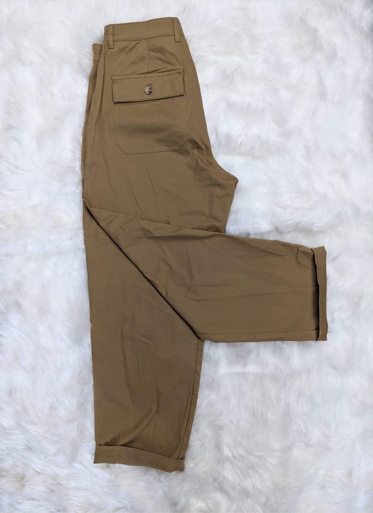 wide leg 1940s style mens pants fatigue style front patch pockets khaki colour