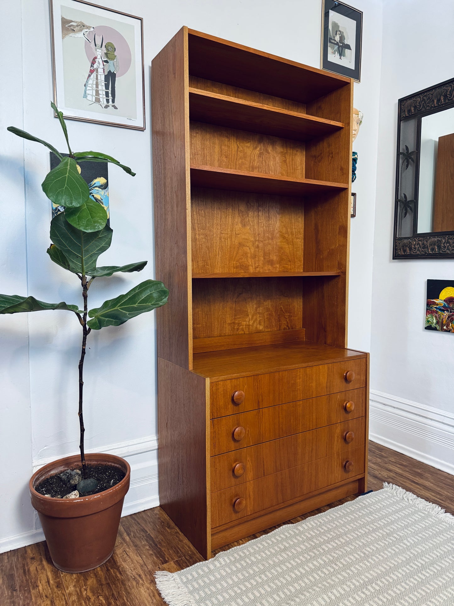 Vintage Teak Bookshelf w/ 4 Drawers